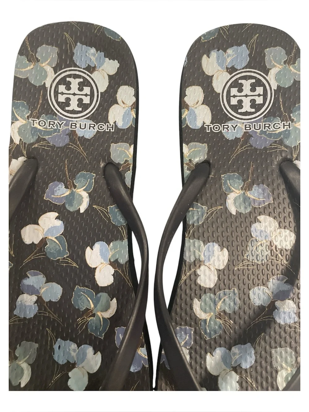 Tory Burch Thin Flip Flops Navy Blue Floral with Gold T Medallion Size 10